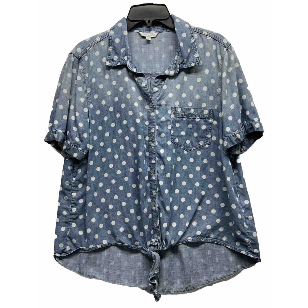 John Mark Womens Size L Blue Polka Dot Short Sleeve Button Down Top (J6)